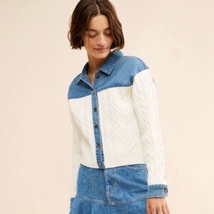 Anthropologie Blue and White Denim Knit Jacket